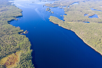 Drone view of Iovskoye reservoir on sunny summer day. Murmansk Oblast, Russia.