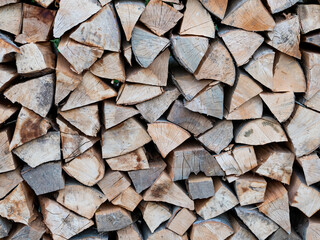 Stacked firewood background texture. Firewood supplies for winter