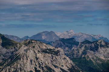 Panoramic view from Messnerin on Hochtor and alpine mountain chains in Styria, Austria, Hochschwab...