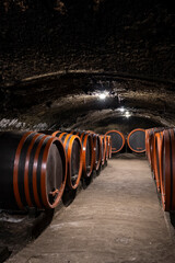 wine cellars with barrels, traditional wine called Bikaver near Eger, Hungary