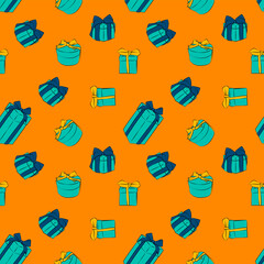 Set of gift seamless patterns with boxes and bows. Vector graphics, 1000x1000