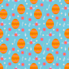 Vector colored easter eggs seamless pattern for Easter holidays on pink background. Patterns, flowers, lines, dots, stars. Vector illustration. EPS 10, doodle style