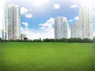 Obraz premium Beautiful view of park with green lawn and cityscape on sunny day