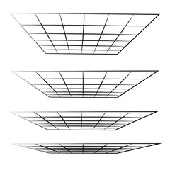 Set of retro futuristic design elements, perspective grids, tunnel, RETRO title, polar grid, black hole, bipyramidal, circle portal, gravity visualization. Cyberpunk 80s style. Vector illustration.