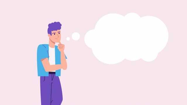 young man thinking animation. speech bubble or thought bubble above his head with copy space for text. think, analyse. animated template video. Modern cartoon style. Question, problem concept