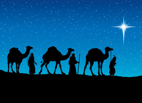 Three Wise kings following Star of Bethlehem. Vector illustration