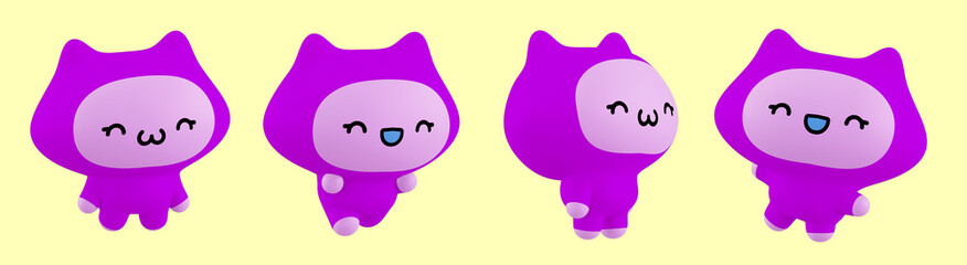 Funny little kawaii set characters. Cartoon kitty emoji  3d render illustration on yellow backdrop