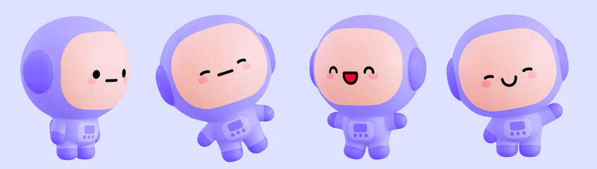 Funny little kawaii emoji characters set. Cartoon astronaut boy 3d render illustration on blue backdrop