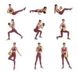 Athletic woman doing different exercises with medicine ball on white background, collage