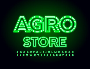 Vector advertising sign Agro Store. Green Neon Font. Bright Glowing Alphabet Letters and Numbers set. 