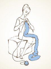 Woman knits a scarf. Vector sketch drawing