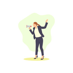 Female protester holding megaphone simple flat vector character illustration.