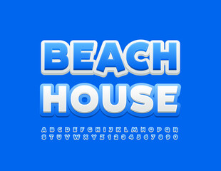 Vector bright Emblem Beach House. Blue and White 3D Font. Artistic Alphabet Letters and Numbers set