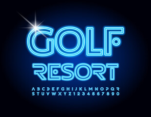 Fototapeta na wymiar Vector neon emblem Golf Resort. Blue electric Font. Unique style set of Alphabet Letters and Numbers
