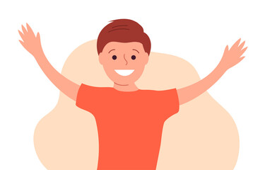 Portrait of a little happy boy. A smile on his face. Hand gesture. Flat vector illustration isolated on white background