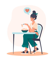 Fototapeta premium Eating healthy food. Diet vegetarian with salad in kitchen. Girl eats natural and organic products. Delicacy and delicious breakfast. Character in restaurant or cafe. Cartoon flat vector illustration
