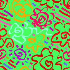Colorful hand drawn stylized flowers with scribble. Trendy seamless background. Vector image.