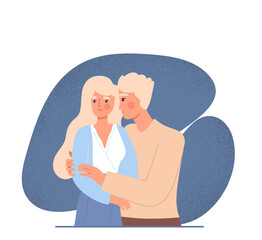 Husband consoling concept. Man hugs sad girl. Depression, sorrow and frustration. Young characters support together, care. Strong relationship in loving family. Cartoon flat vector illustration