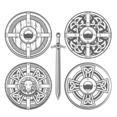 Set of round shields with celtic pattern and medieval ornaments, knight armor, chivalry shields, vector