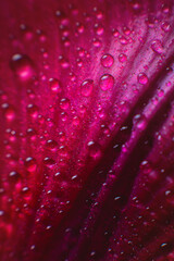 Close-up Drops of moisture on the red petal of a juicy flower. Extreme macro abstract background with rich lines