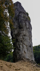 A panoramic view on the limestone stack called Hercules bludgeon in the Ojcow National Park near Krakow,Lesser Poland, Poland. Tatra mountains.Rock formation.Jurassic Krakow-Czestochowa.Pieskowa Skala - obrazy, fototapety, plakaty