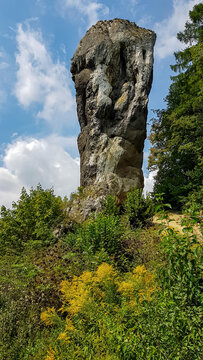 A panoramic view on the limestone stack called Hercules bludgeon in the Ojcow National Park near Krakow,Lesser Poland, Poland. Tatra mountains.Rock formation.Jurassic Krakow-Czestochowa.Pieskowa Skala
