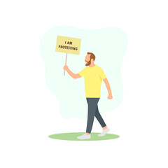 Walking male protester holding placard simple flat vector character illustration.