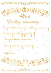 Wedding invitations 45 years anniversary signs and cards. Gold color template for festive events, wedding, greeting card and invitation decoration. illustration
