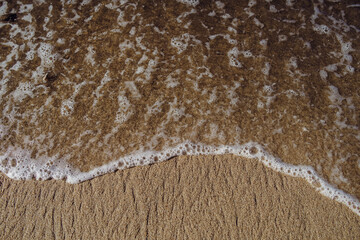 Brown sparkling sand mixes with ocean water as foamy waves break upon a tropical beach