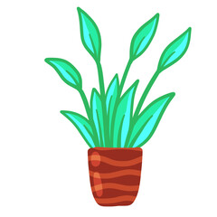 Potted plant. Homemade Green leaves of houseplant. Gardening and botany. Flat illustration. Brown pot and House decoration