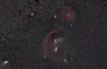 wide field of constellation of Orion with Orion Nebula, flame nebula, barnard's loop and horse head...