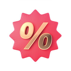 3d illustration of a 3d notched seal with percentage icon. Red tag spot with special discount in gold on white background.