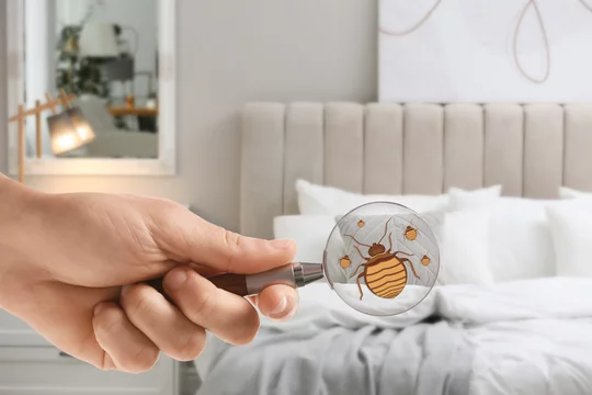 Woman with magnifying glass detecting bed bugs in bedroom, closeup