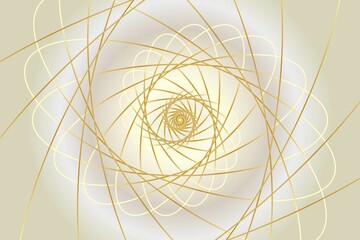 Distorted abstract lines, wireframe tunnel. The gold wave spiral twists on the white gold background.