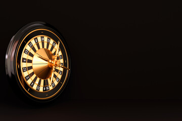 Realistic casino gambling roulette wheel on white isolated background. Realistic casino roulette table. Black and gold colors. Gambling concept design. 3d rendering  illustration.