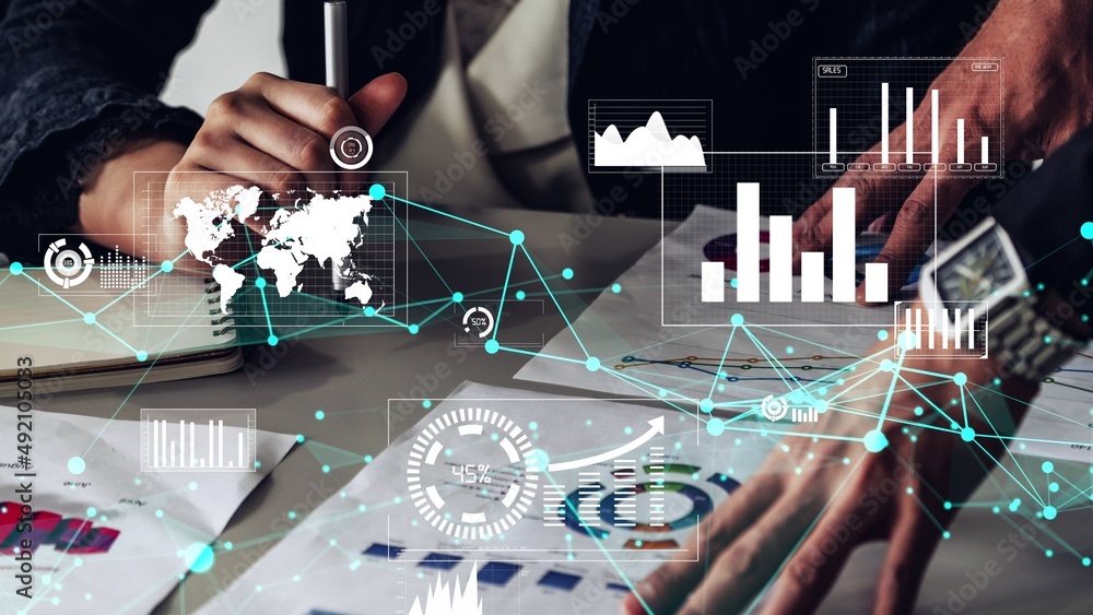 Poster conceptual business dashboard for financial data analysis . 3d render computer graphic .