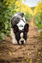 Puppy of french bulldog is running in yellow colza. He is running for his breader