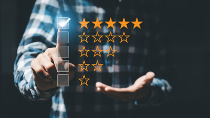 Product or service review ideas from customers, portraits pointing to a star rating button with the...