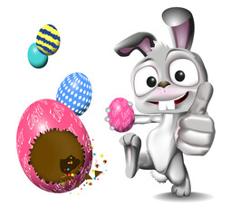Happy Easter, template with chocolate Easter eggs with candies, and bunny with thumb up