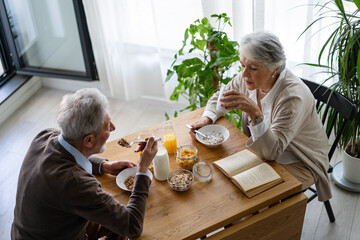 Senior happy couple in love together smiling and having fun in kitchen