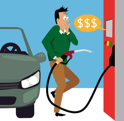 Man shocked by high gas prices at the fueling pump, EPS 8 vector illustration 