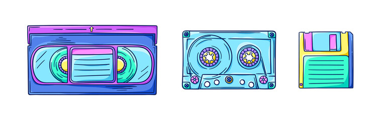 Floppy disk, audio cassette and videotape illustration. Retro diskette, music and video cassettes. Retro storage technology. 90s style vector. Nostalgia for the 90s. - obrazy, fototapety, plakaty