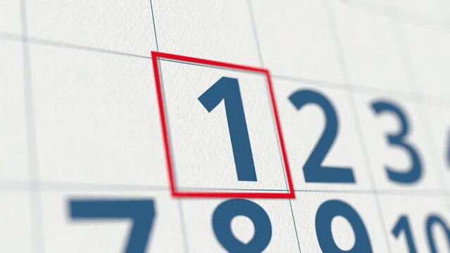 Calendar with marked 1 day of the month close-up
