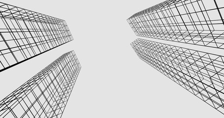 Abstract 3d wireframe architecture building modern condo background. 3d rendering. - obrazy, fototapety, plakaty