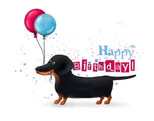 birthday card with cartoon dachshund and air balloons, watercolor style illustration, holiday clipart