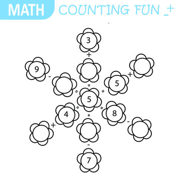 Fun math game for kids. Count and color flower. Solve logic puzzle with mathematics task. Education worksheet. Coloring page.