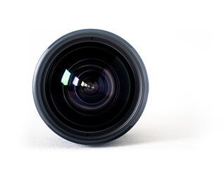 Objective lens of photo camera for photo or video closeup on white background - 492110257