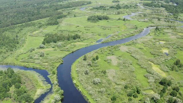 Aerial View Of Summer River Landscape With Islands In Sunny Summer Day. Top View Of Beautiful European Nature From High Attitude In Summer Season. Drone View. Bird's Eye View 4K.