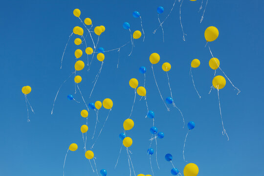 Yellow and blue balloons in the blue sky