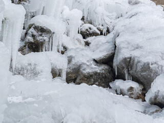 ice formations in waterfall texture, shapes, changes and magical images of nature